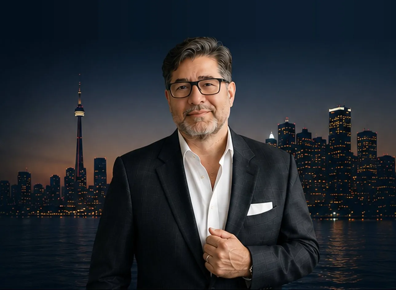 Gino DeMichele in a dark suit, with the Toronto skyline at night behind him