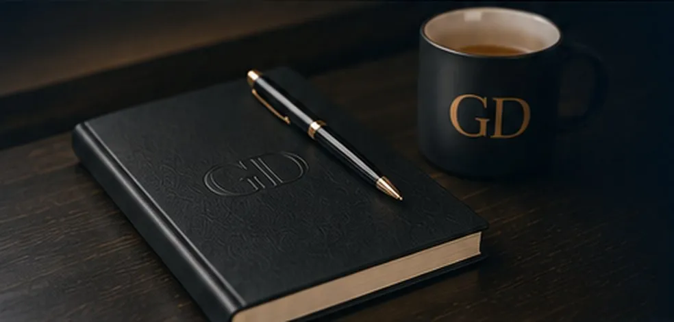 A GD-embossed notebook, pen, and coffee mug on a dark wooden desk